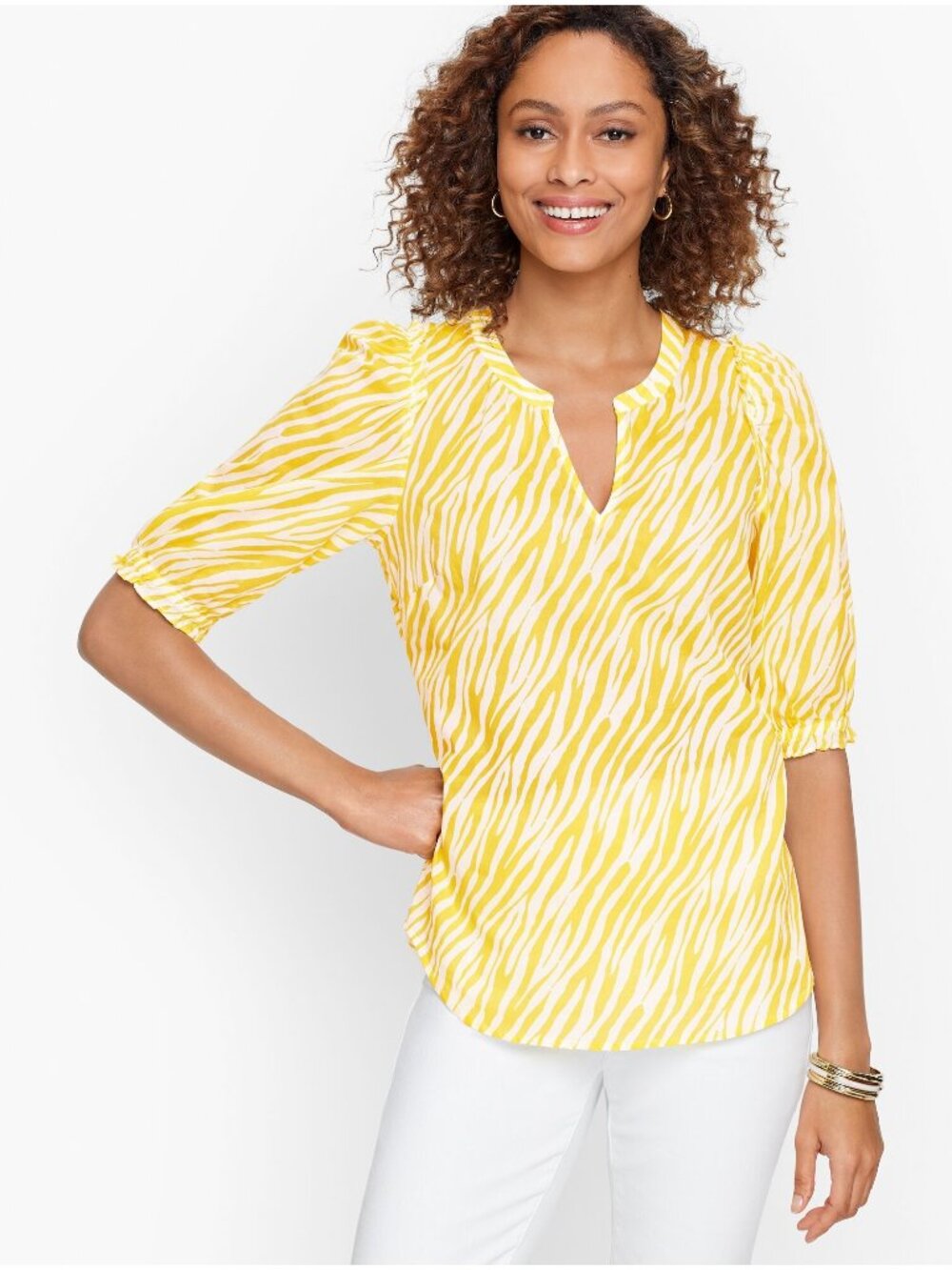 Talbots Blouse XL Ruffle Trim Striking Zebra White Yellow Career Business Casual